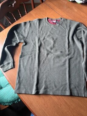 Farah Olive Green Ribbed Long Sleeve Top with Burgundy Trim